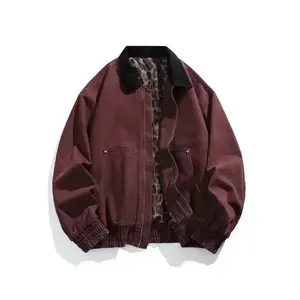 Men's Vintage Pure Cotton Jacket Collared Outerwear Leopard Print Detroit Denim Jacket Spring and Autumn Leather Bomber Jacket