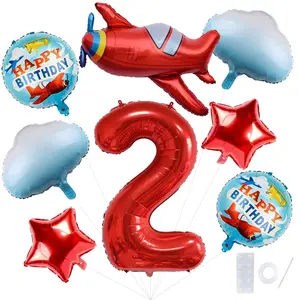 8-Piece Airplane and Sky Balloon Set with Stars and Red Number Foil for Boys’ 2nd Birthday Party