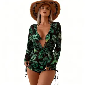 Women Swimsuit Tropical Palm Print 3PCS Bikini Set Sheer Cover Up Beachwear Summer Vacation Outfit Sexy Deep V Neck Cutout Monokini Bathing Suit High Waist Swimwear Resort Wear Pool Party Outfit Trending 2026 New Arrival
