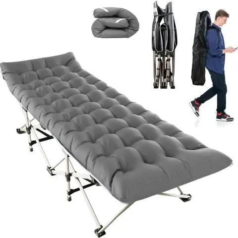 Camping Cot, Folding Camping Cot Bed for Adults Sleeping 600D Double Layer Oxford Portable Folding Outdoor Cots for Camping W/Soft Pad Carry Bag for Home Office Nap Beach Travel, Grey