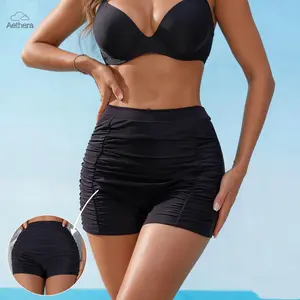 Aethera Women's Black Ruched High Waisted Swim Shorts 2026 Trendy Tummy Control Bathing Suit Bottoms Modest Swim Skirt with Built-in Shorts for Beach Pool Parties Activewear
