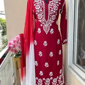 Premium Lucknow Chikankari Handwork Rayon Kurti Set with Flairy Plazo & Shiffon Dupatta 3-Piece Set for Women's Elegant Wear Light Brown Asian Style Suits