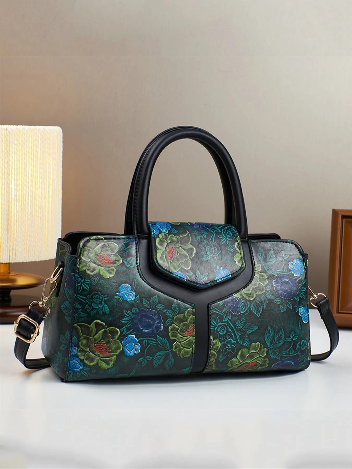 Women's Vintage Floral Print Casual Trendy Aesthetic Handbag, Detachable Shoulder Strap Design, Large Capacity, Magnetic Closure, Multiple Colors Available, Fashionable Unique Bags