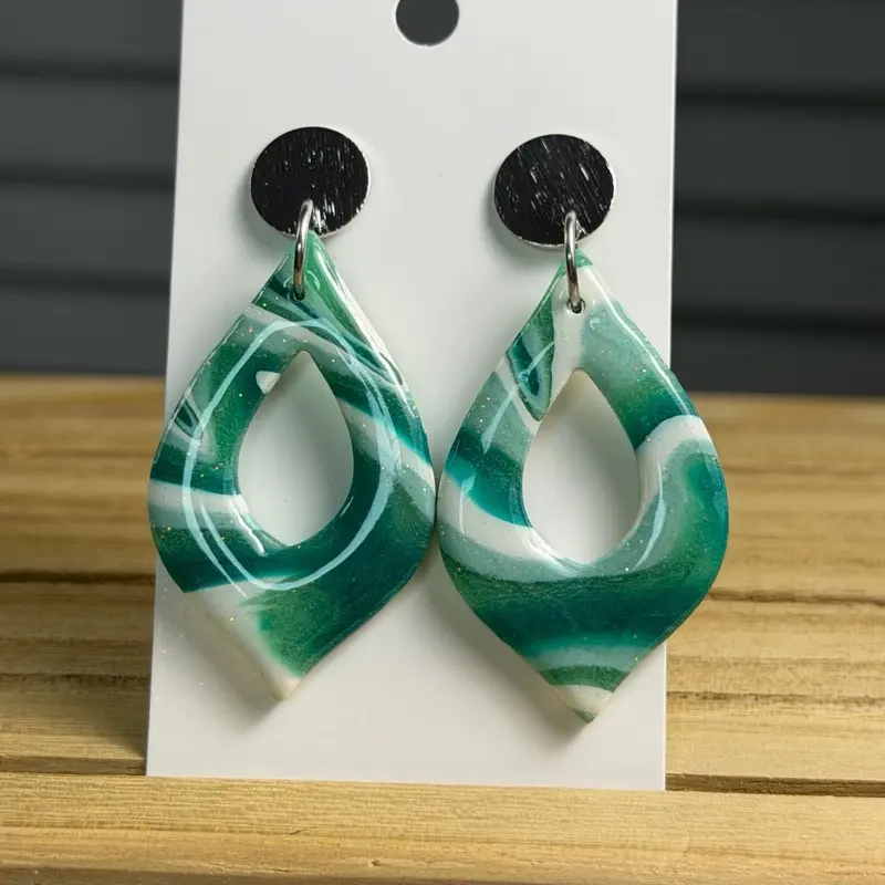 Full Size Teal Green Marbled Polymer Clay Dangle Earrings