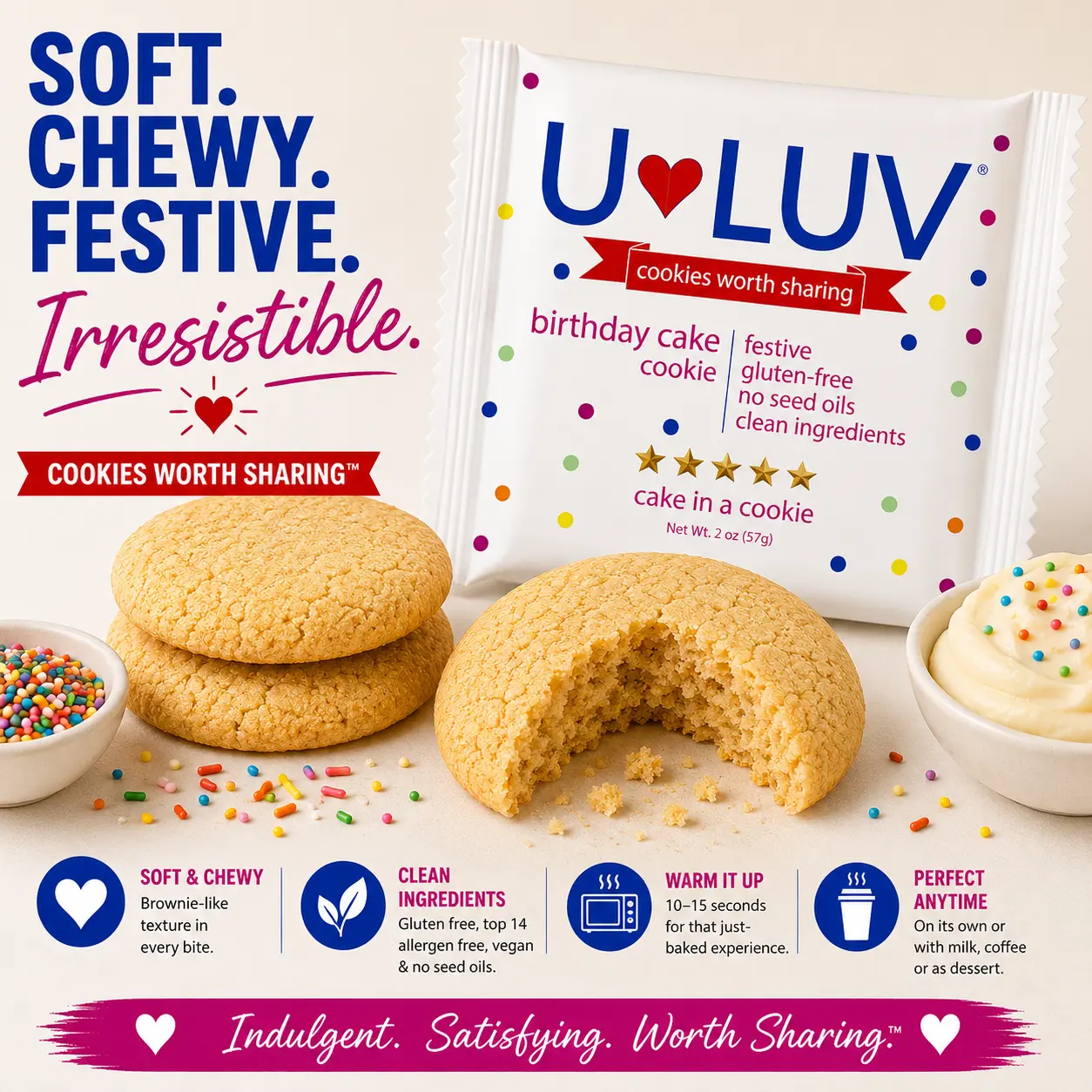 U-LUV Birthday Cake Cookie 4-Pack | Soft & Chewy Cookies | Gluten Free | Made with Avocado Oil | Clean Ingredients | Allergen Friendly