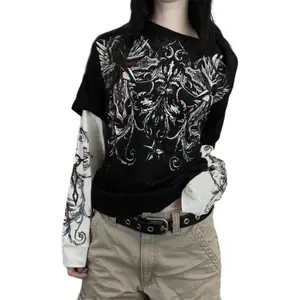 Women Fake Two-Piece T-Shirts,Y2K Vintage Graphic Print Round Neck Long Sleeve Shirts Fashion Gothic Loose Casual Streetwear
