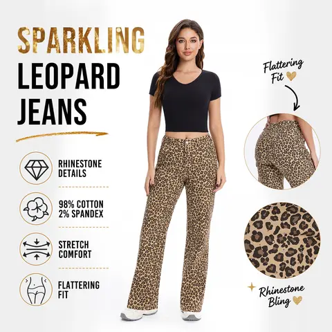 PinkyMoor Women's Low-Rise H-Type Cotton Cargo Jeans - Button-Front Cheetah Print Polyester Streetwear, Retro Alternative New Year Apparel