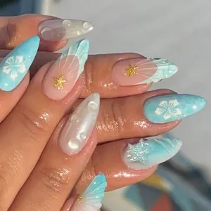 24pcs Reusable Fake Nails, Hand-Painted Hibiscus, 3D Shell Fish Tail, Pearl Bubbles, Starfish Decor, Beginner-Friendly, Includes Jelly Glue and Nail File, DIY Nail Art