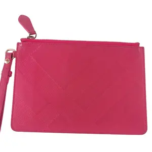 Pre-owned BURBERRY leather Bag Accessories Hot Pink Check Embossed Wristlet QG592