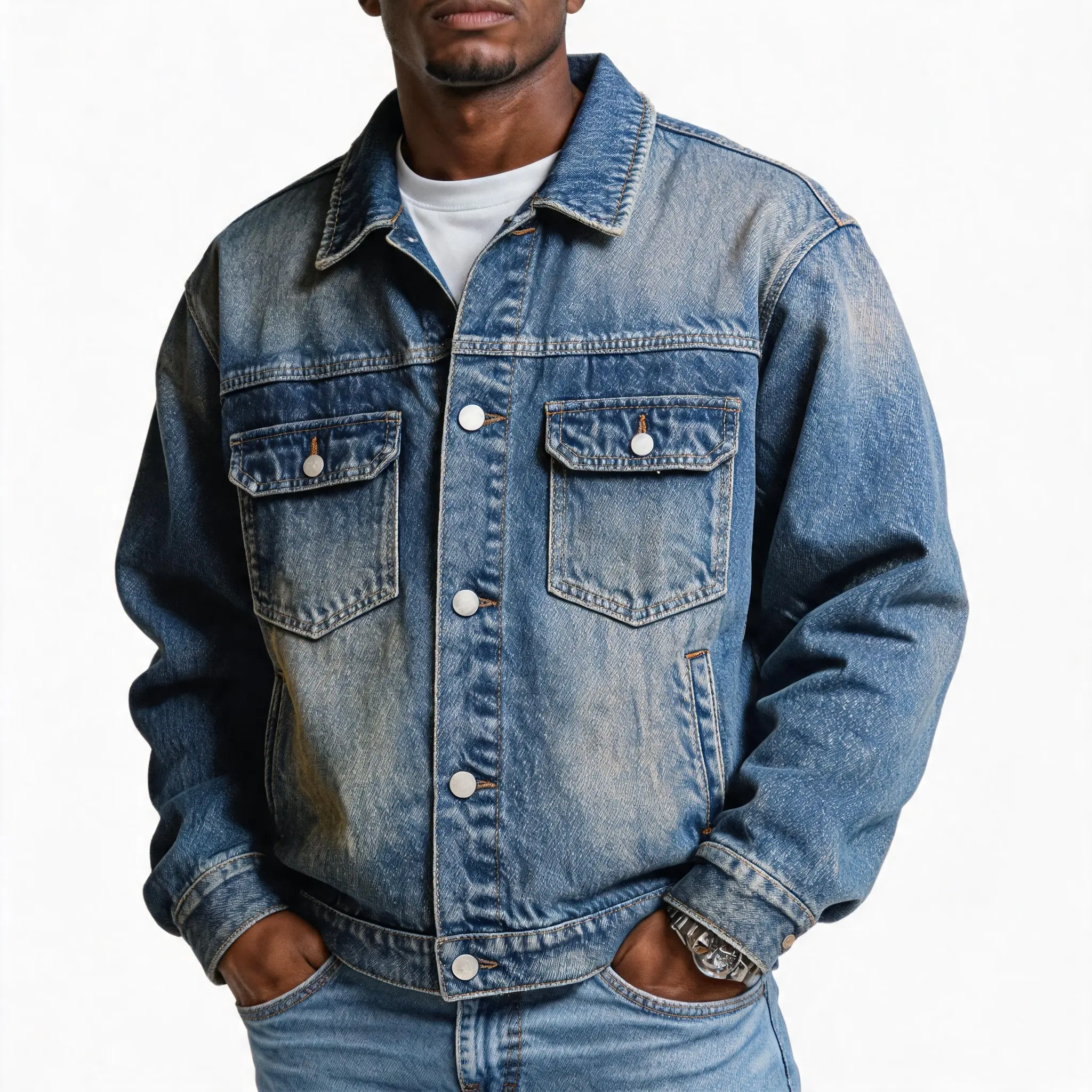Men's Vintage Washed Gray Denim Trucker Jacket, Classic Jean Jacket with Lapel Collar, Button Down Multi Pocket Denim Outerwear, Loose Fit Casual Streetwear Coat, Retro Washed Denim Jacket for Men Women