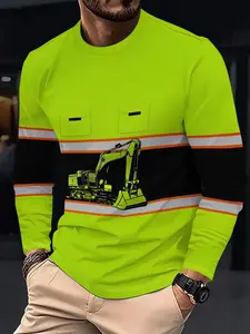 Men's Long Sleeve T-Shirt, Digital Print Design, Round Neck Casual Top, Comfortable Polyester Fabric, Spring & Fall Wear