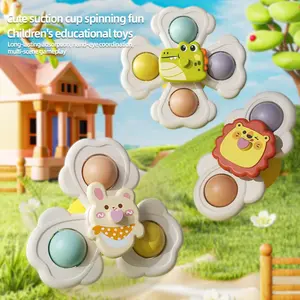 3 Piece Kids Bath Tub Suction Toy Set, Baby Sensory Toys Tabletop Playset, Colorful Cartoon Animal Gyro, Cute Crocodile Rabbit Lion Pattern
