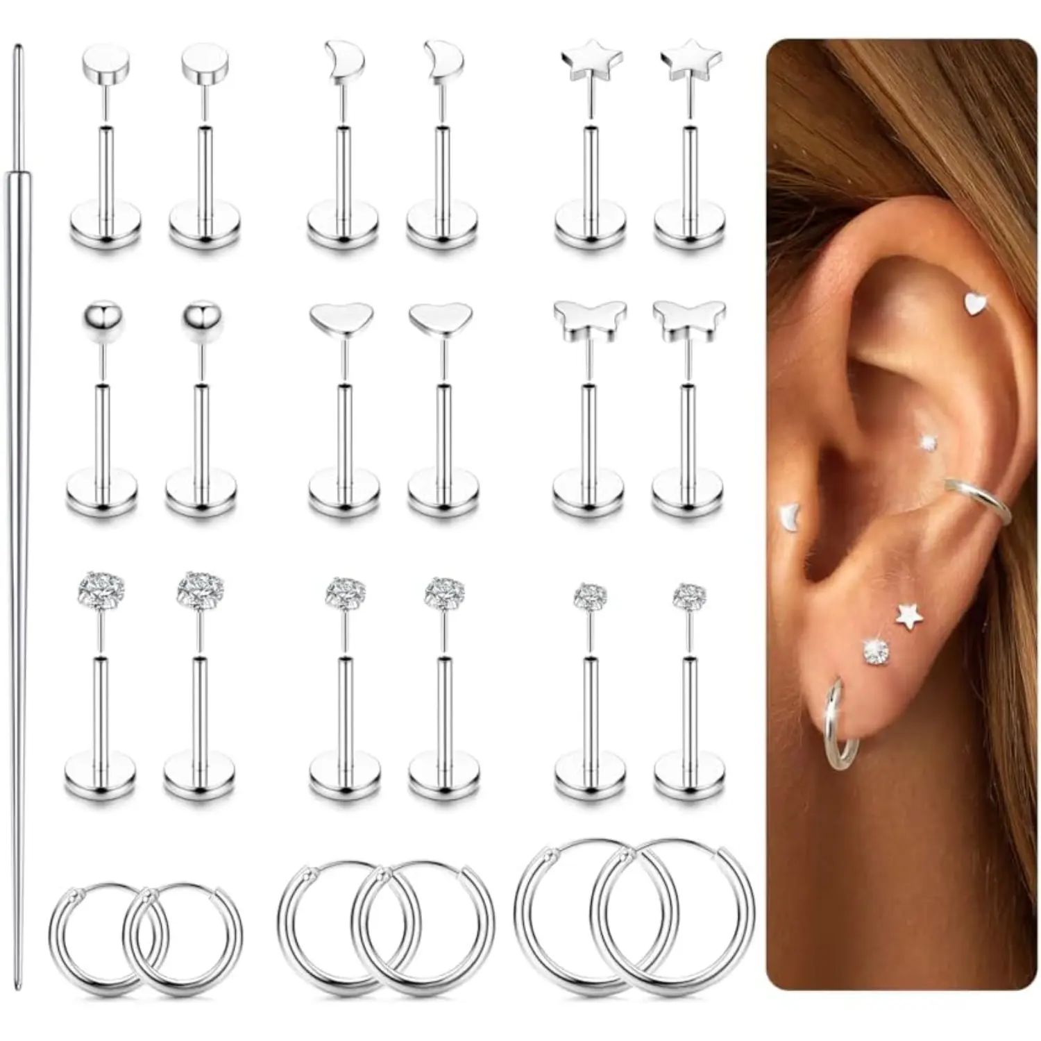 Milacolato Women's 20G-18G Threadless Flat Back Jewelry Set - 316L Surgical Steel Hypoallergenic CZ Push-In Studs, Small Hoops for Nose, Tragus, Vertical Helix, Daith Piercings, Thanksgiving Everyday Wear, Flat Back Earrings, Vertical Helix Earrings