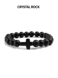 Unisex Cross Beaded Bracelet, Adjustable Fashion Accessory for All Seasons, Perfect Gift Choice, Casual Style, Nylon and Stone Materials