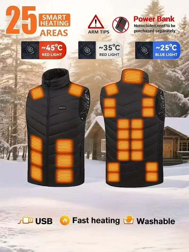 Men's heated vest, unisex, 25-zone heating with 4 control switches, heated vest, warm electric vest, keeps you warm in autumn and winter, windproof and cold-resistant for hiking and cycling outdoors [power bank not included]