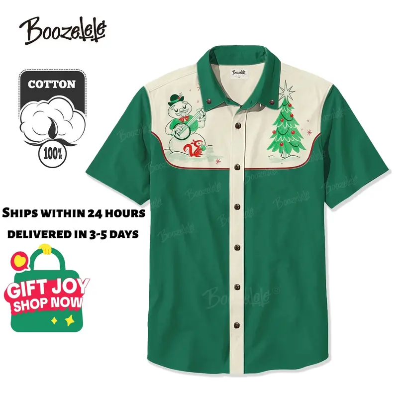 BOOZELELE Men's 100% Cotton Casual Classic Loose Short-Sleeve Button-Down Animal Shirt Garment - Unisex Menswear for Banjo-Playing Snowman Christmas Holiday Party Outfit Gift