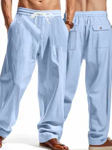 Men's Summer Linen Fabric Wide Leg Pants, Adjustable Waistband, Breathable and Flowy, Casual Sportswear Long Trousers for Men
