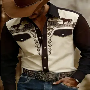 Men'S Retro Beige Black Color Block Western Carriage Horse Print Long Sleeve Shirt Turn- Collar Double Pockets Comfortable Casual Fit for American Cowboy Style Daily Commute And Western Themed Trips