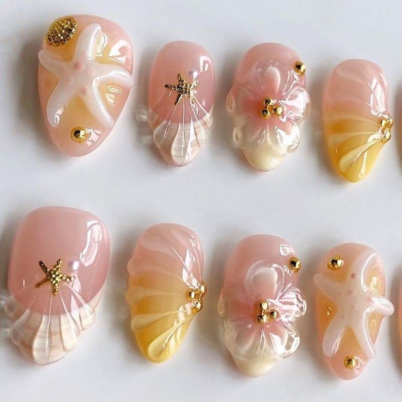 3D Flower FreeStyle Medium Almond Press On Nails, 3d Nail Designs, Custom Press On Nails, 3d Nails Ideas, 3d Flower Nail Designs