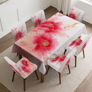 4/5/6/7pcs Blossoming Floral Elegance Chair Cover And Tablecloth Set, Dining Chair Slipcover, Easy Setup & Care, Fits Home Decor, Living Room, Outdoor Picnics, Restaurant, Festive Decor, Party Must-Have, Ideal Gift