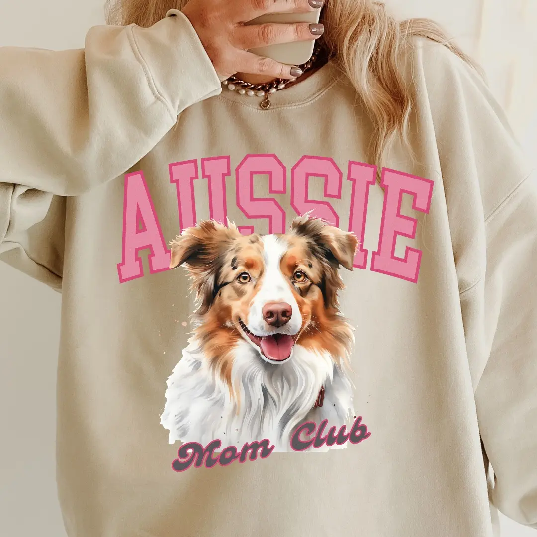 Red Merle Aussie Dog Mom Club Sweatshirt Unisex Relaxed Fit Printed in the USA Clothing Womenswear Casual Comfortable Soft Polyester Spandex
