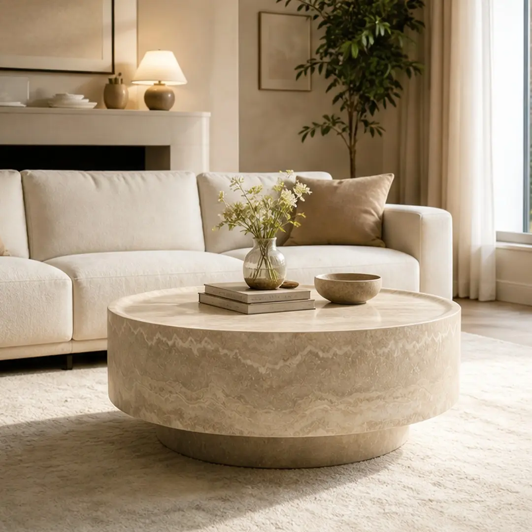 Round 31.5" Coffee Table for Living Room, Mars Vein Fiberglass Drum Table, Beige Sculptural Center Table, Freestanding Modern Accent Table with MDF Core, Sturdy Wood Base, Easy Clean Surface, Ideal for Family Room, Home Decor