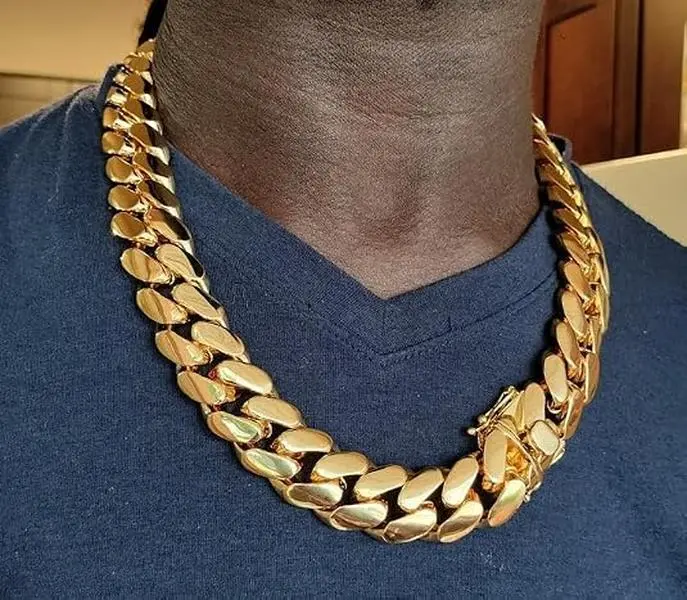 Men's 18k Gold-Plated Stainless Steel Cuban Link Miami Chain Necklace, Hypoallergenic Hip Hop Artificial Gemstone Jewelry Accessory