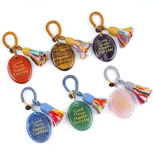 Natural Crystal Engraved Palm Stone Keychain Healing Crystals Worry Stone with Positive Words for Anxiety Relief Bag Charm Car Pendant Mindfulness Affirmation Gift for Women Men Friends Meaningful Spiritual Support Bling