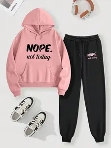 【Plus Size】 Letter Slogan Print Hoodie & Jogger Pants Set, Casual Long Sleeve Hooded Sweatshirt & Sweatpants, Women's Fall & Winter Clothes, Cozy lounge set