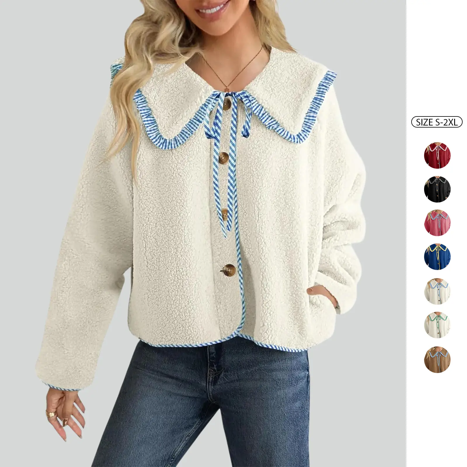 Womens Fuzzy Fleece Jacket Peter Pan Collar Button Down Fall Winter Sherpa Coats Colorblock Cute Warm Outerwear