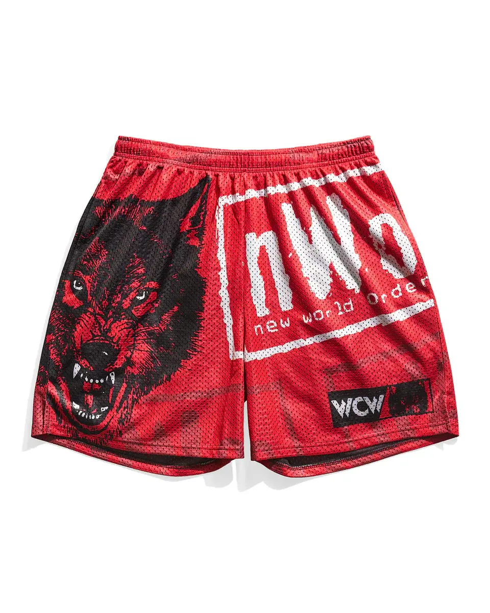 nWo Wrestling Mesh Retro Wolf Pack Inspired Athletic Shorts – Vintage 90s Streetwear Sports Shorts, Casual Summer Street Style, Lightweight Training Bottoms for Men