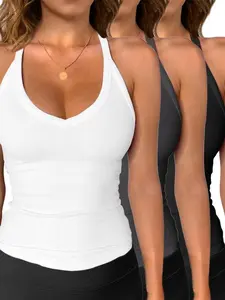Fashion Spring Summer Basic Style Women's Plain Vest Three-Piece Set, Casual Fitted Design, Perfect for Daily Wear