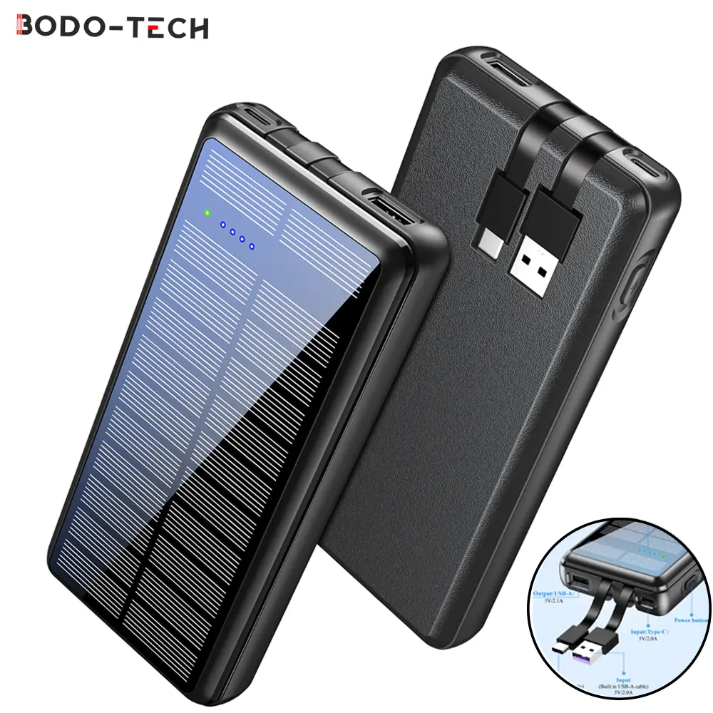Bodo-Tech 36800mAh Compact Solar Power Bank with 2 Built-in Cables & USB-A USB-C for Apple iPhone Samsung & Android Smartphones Portable Charger Solar Charging Option Christmas Gadgets campingessentials