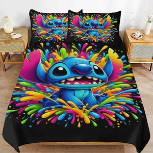 DISNEY CLASSIC 3pcs Stitch Bedding Quilt Cover Set - Stitch Neon Bedding Quilt Set - Cartoon Themed Bed Quilt Set - Bedroom Decor, All Seasons (1 Duvet Cover + 2 Pillowcases, No Comforter)