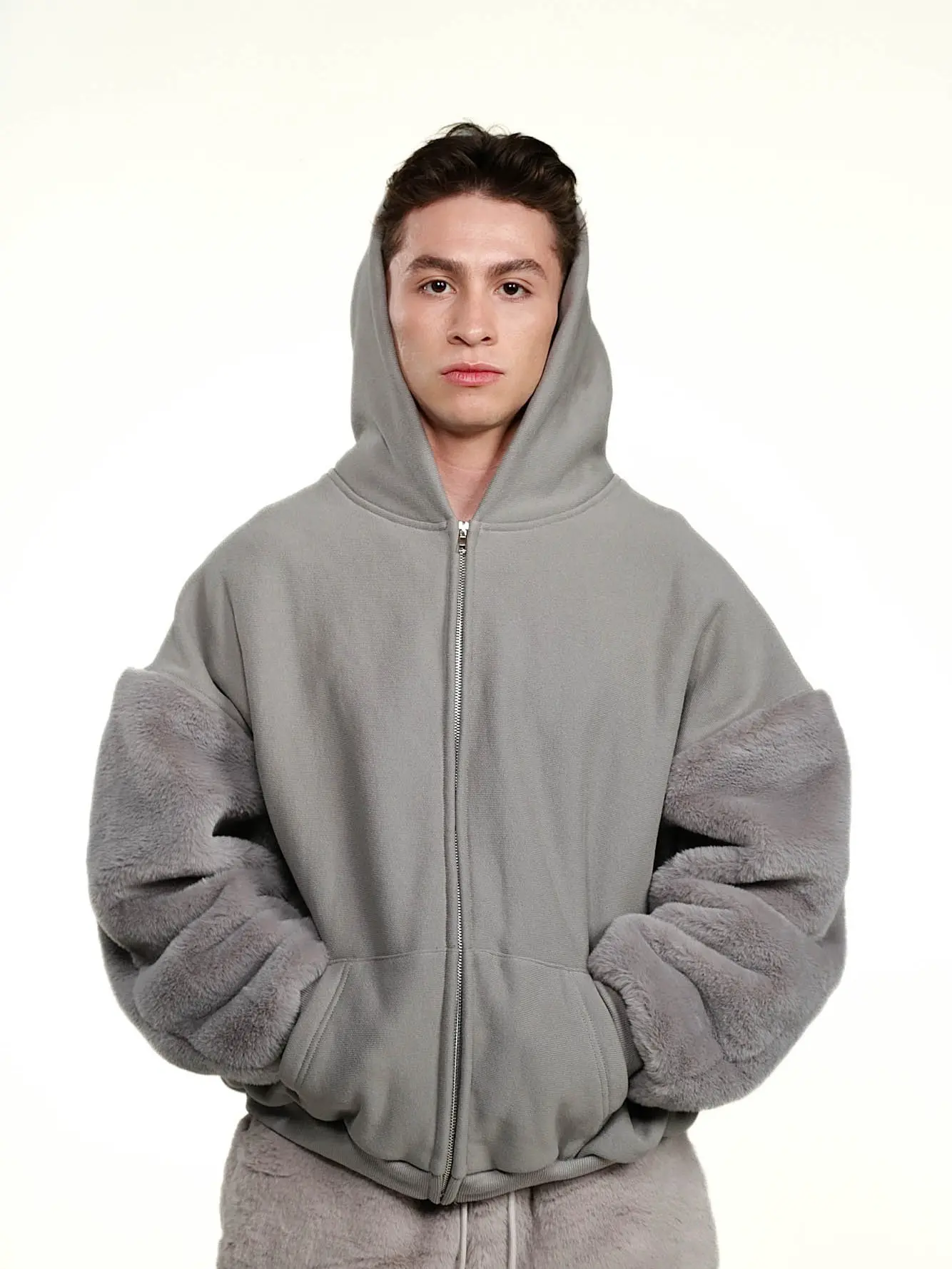 tricki | Oversized Fur Sleeved Hoodie - Zip Up, Cotton, Heavyweight, Fluffy, Cozy, Droopy Sleeves, Unisex