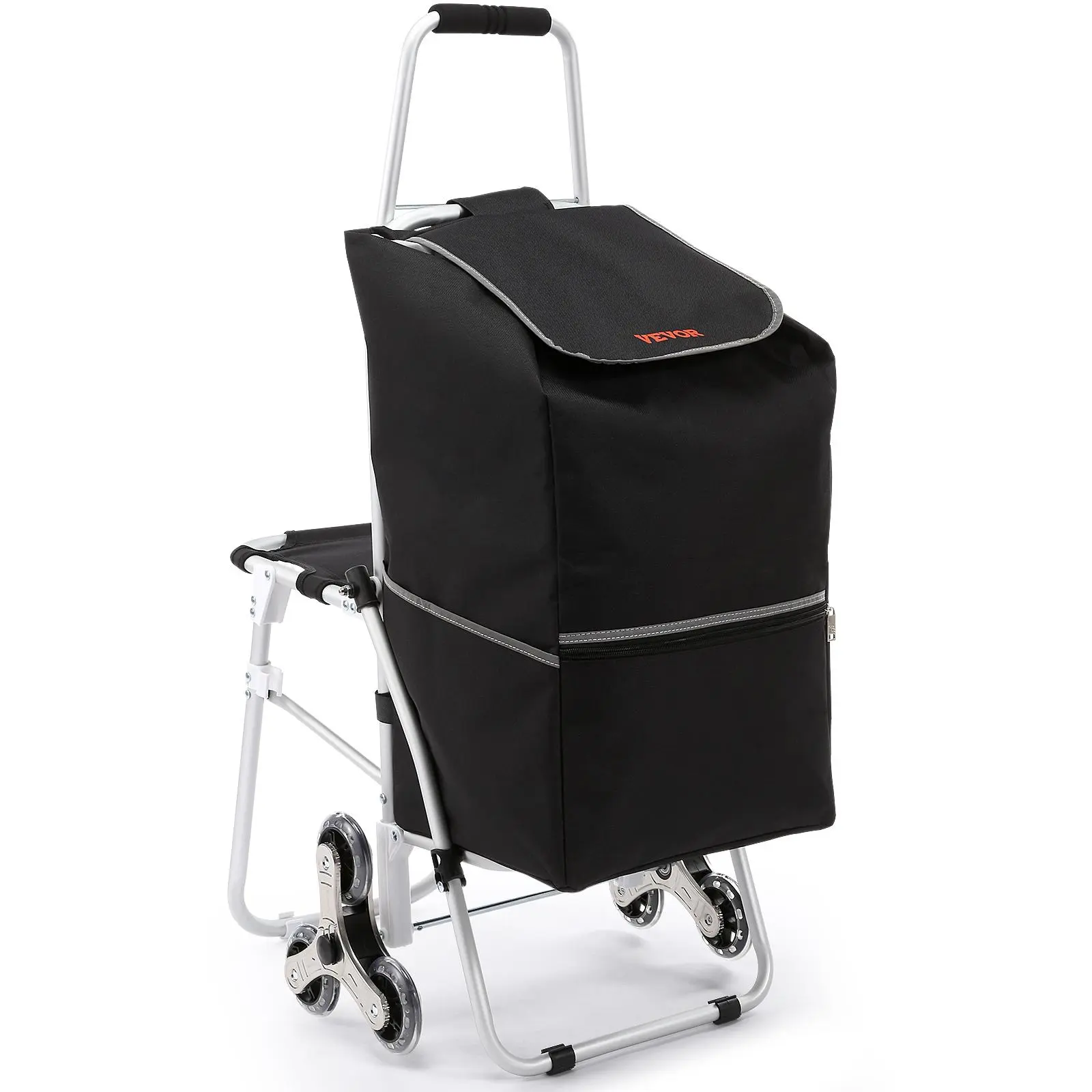 VEVOR Foldable Stair Climbing Cart, Folding Trolley with 165 lbs Static Load Capacity, 50L Waterproof Bag, Seat, Rubber Tri-Wheels, Padded Handle, Multipurpose for Travel, Shopping