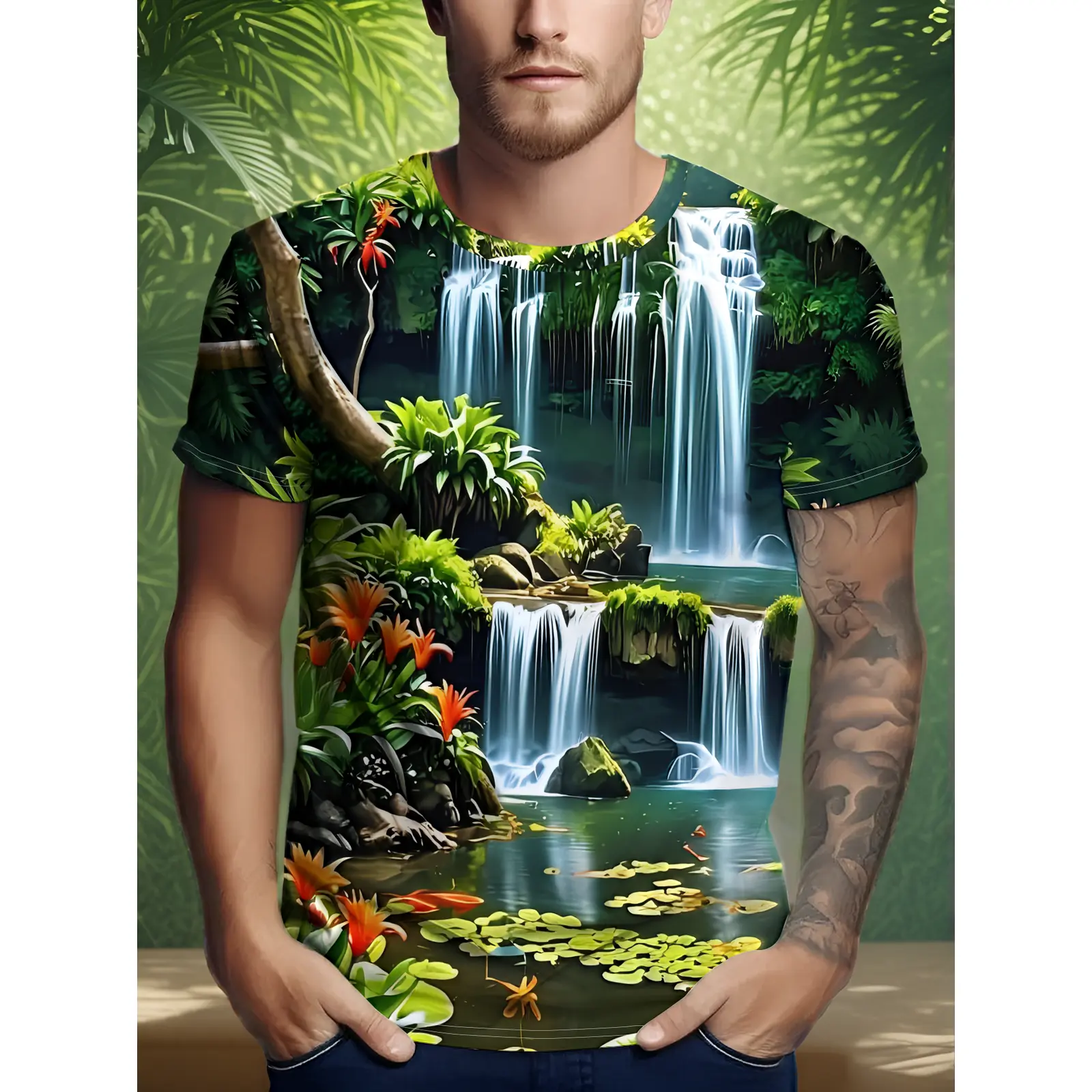 Short-sleeved T-shirt, Featuring a Tropical Rainforest Waterfall Print with Vibrant and Fresh Depictions of Flora, Fauna, and a Pool of Water