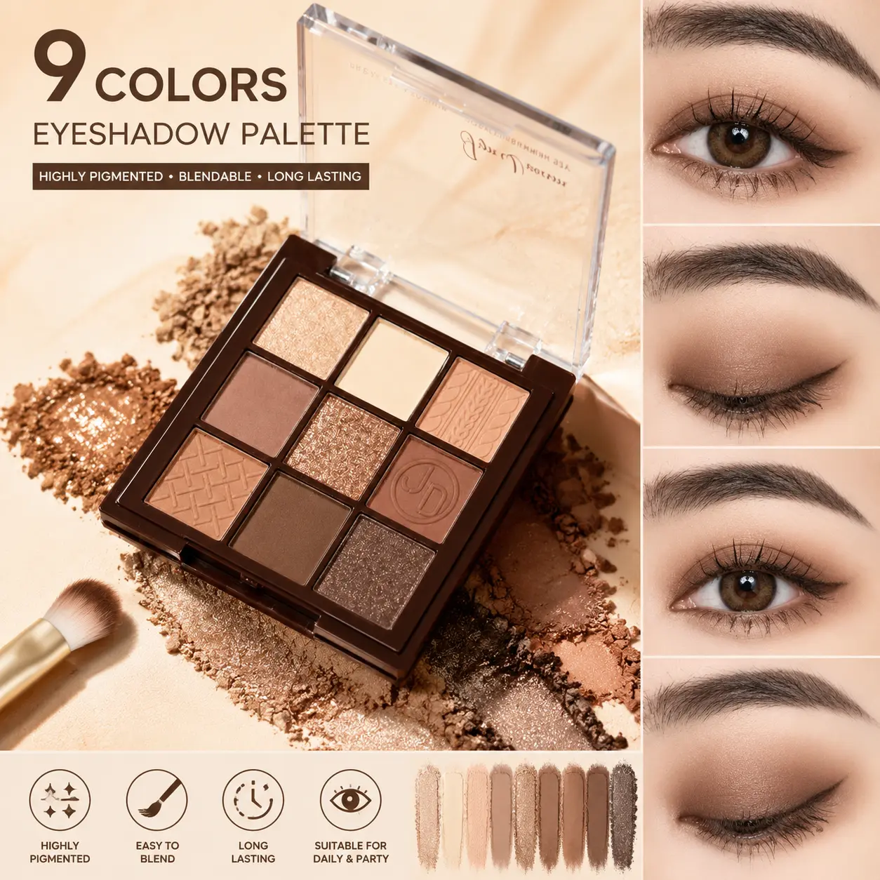 9-Color Neutral Brown Cosmetic Eyeshadow Palette, Matte & Shimmer Nude Tones, Long-Lasting Waterproof Eye Makeup Palette for Beginners