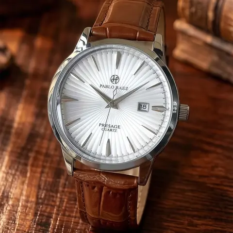 Luxury Men's Business Quartz Watch, Stainless Steel Case, Oil-Press Dial with Calendar, 50m Waterproof, Leather Strap, Casual Sport Style, Business Fashion Watch, Quartz Analog Watches
