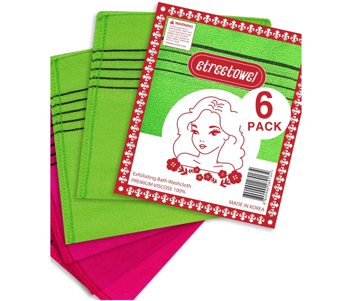 Korean Exfoliating Mitts Multi-Pack (6 Pack) - Anti-Shrink Bath Scrubber Cleansing Cloth Washcloths for Whole Body Smooth Skin, 100% Viscose Rayon for Normal, Oily Skin, Beauty Products, Full Body, Combination, Softening, Body Scrubber Washcloths