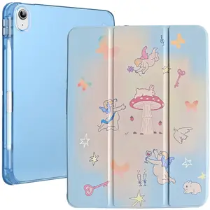 Slim Case for iPad (a16) 11th gen 11 Inch, iPad 10th Generation, cute Angel Party Pattern PU Leather Protective Smart Cover with Pencil Holder, Tri-fold Stand Support Auto Wake/Sleep Tablet protection Computer Cases, Smooth clear Back Shell