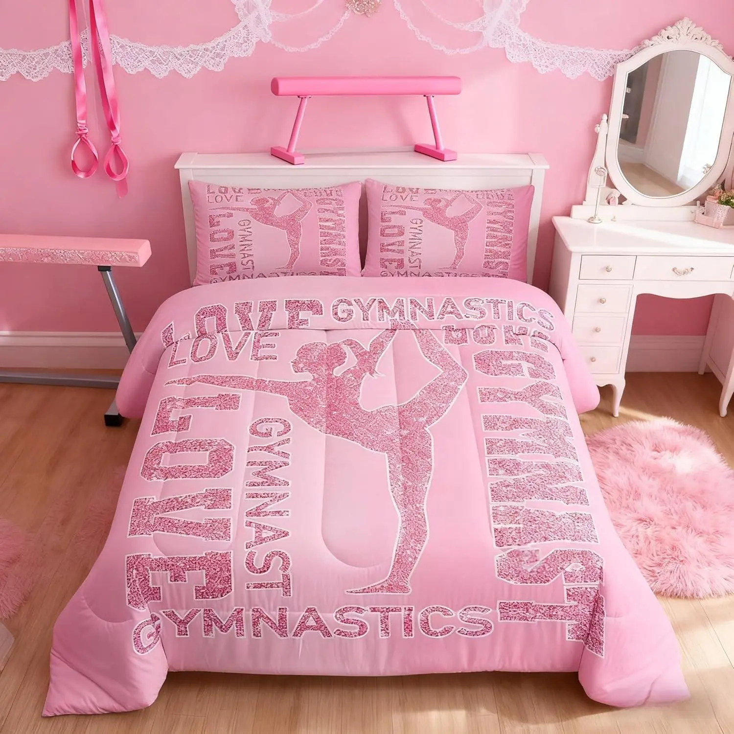 Gymnastics Lovers Kids Comforter Set,Glitter Gymnast Silhouettes Bedding Set,Girls Boys Adults Home Decor,Cheerleading Sports Down Comforter,Pink Romantic Duvet Insert