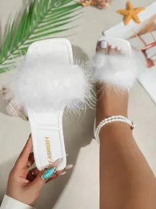 Women's Summer Flat PU Leather Trendy Sandals 2026, Luxurious Feather Decor Square Toe Slippers, Anti-Slip Rubber Sole, Casual Wear for Commuting and Vacation Footwear Flat Sandal Shoes