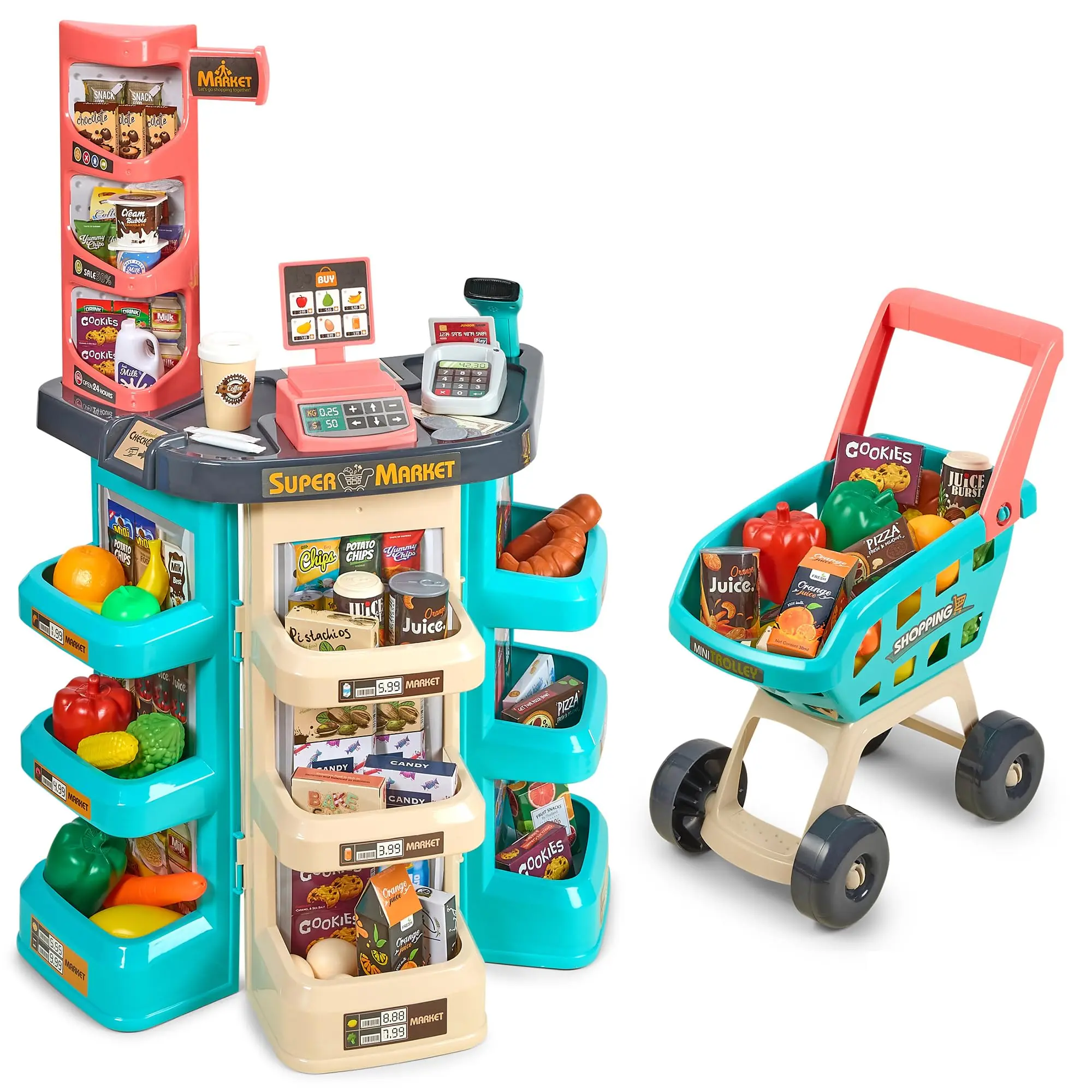 MEDca Kids Play Supermarket Set with Scanner - Pretend Play Grocery Shop Set - 47 Piece Complete Playset with Cash Register Credit Card Machine Scanner Shop Trolley and Food Gift for Boys and Girls