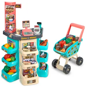 MEDca Kids Play Supermarket Set with Scanner - Pretend Play Grocery Shop Set - 47 Piece Complete Playset with Cash Register Credit Card Machine Scanner Shop Trolley and Food Gift for Boys and Girls