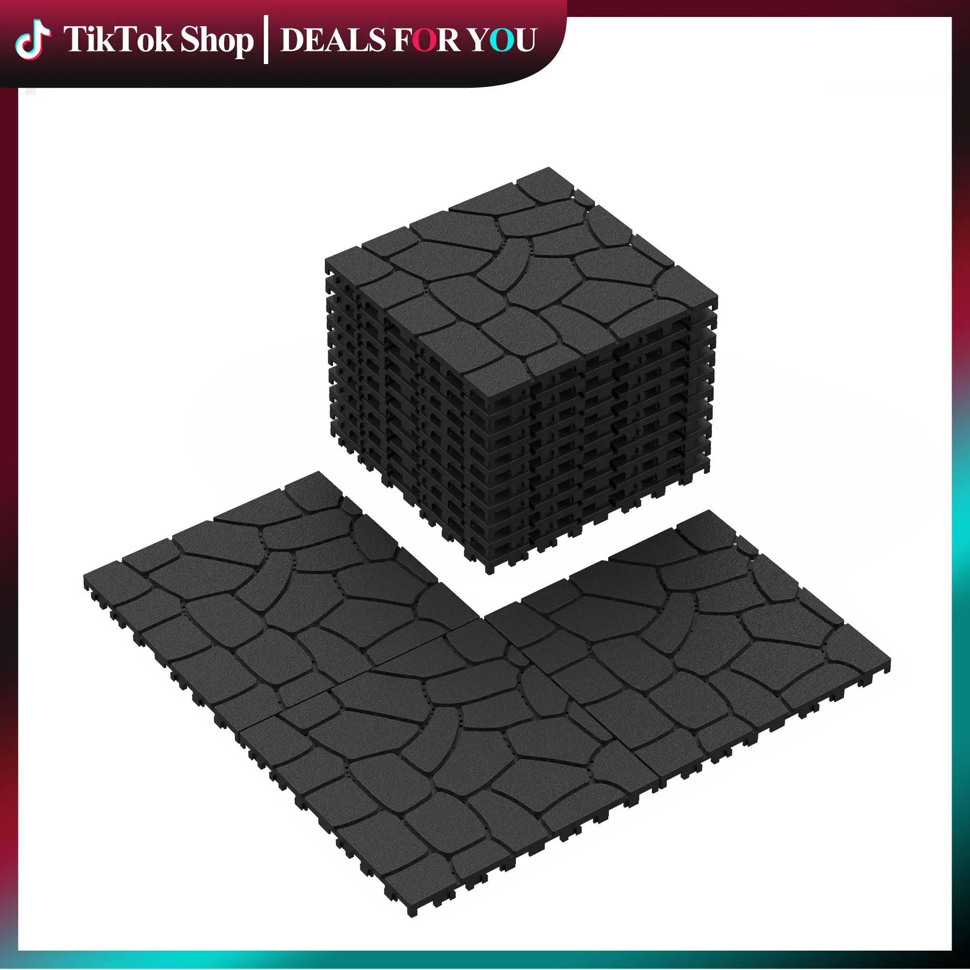 44 PCS Interlocking Stone Deck Tiles (12x12 in), New DIY Home Improvement Flooring Materials, Dark Gray & Brown - Suitable for Garden, Pool Area, Indoor Area, Patio, Balcony