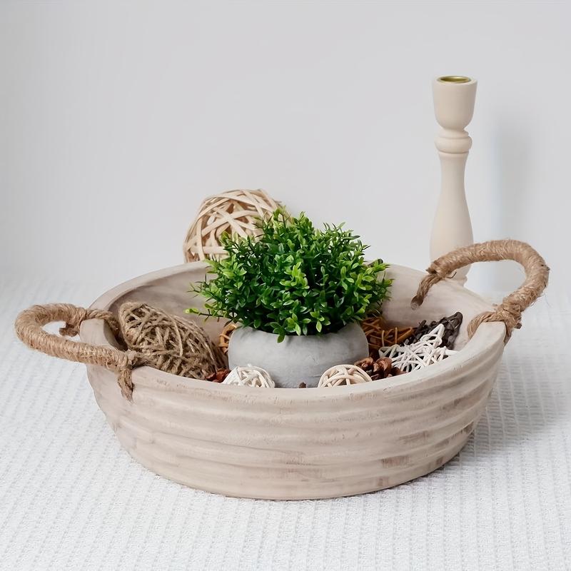 11.2 Inch Wooden Decorative Bowl, Paulownia Wood Dough Bowl with Rope Handle, Rustic Key Bowl for Entrance Table, Tableware Tray, Naturewood Table Centerpieces Bowl for Home Boho Decoration and Garden Accessories.