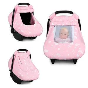 ManFaiSky Car Seat Cover Baby, Breathable Infant Baby Carseat Cover for Girls, Cozy & Windproof Infant Car Seat Covers Canopy, Extra Mesh Window, Pink