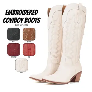 Womens Cowboy Boots Knee High Boot Pointed Toe Chunky Block Heel Western Embroidered Easy Pull On Comfy Wide Calf Cowgirl Country Booties Retro Classic Everyday Wear Work Casual Party Wedding Events Tall Long Fashion Shoes