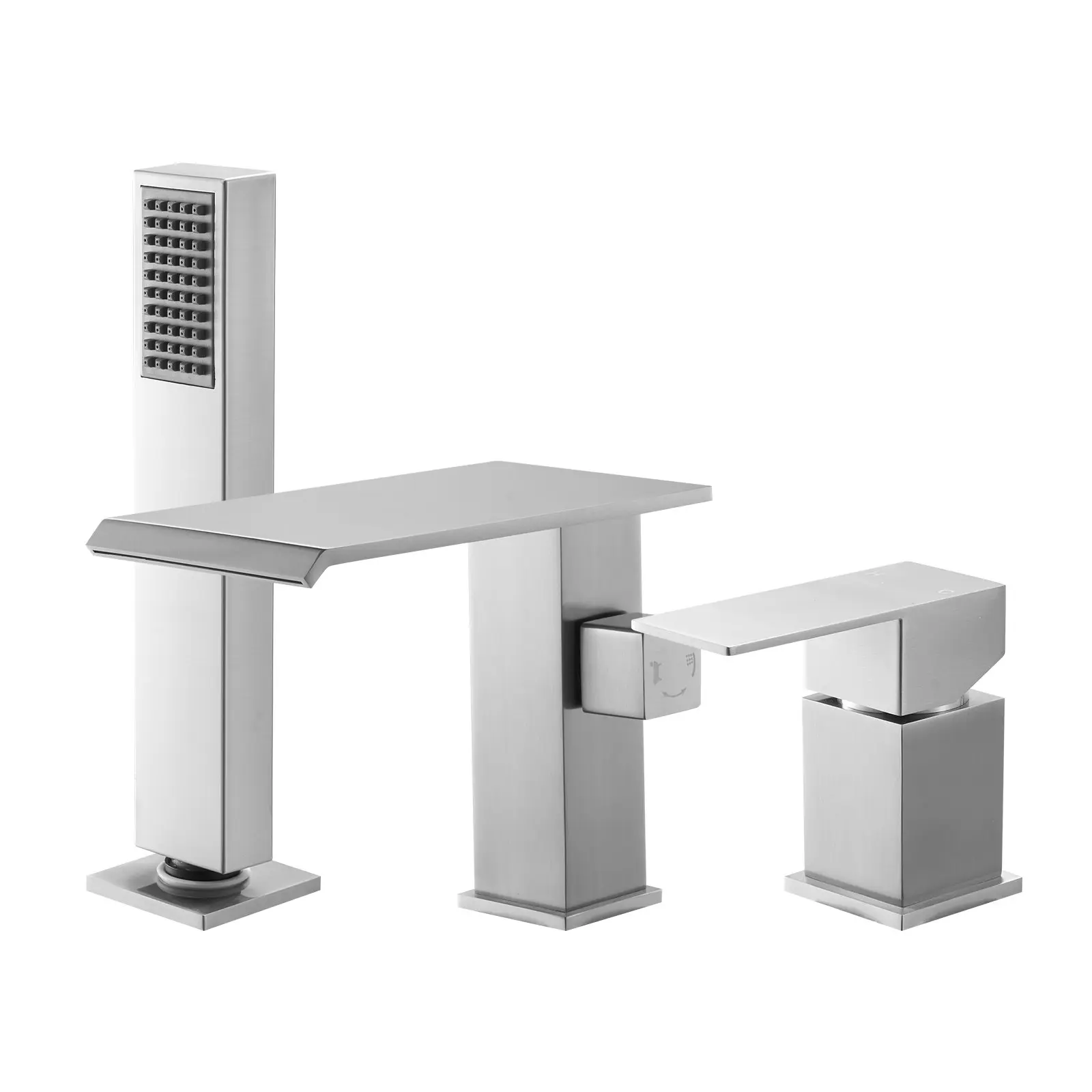 【Summerfinds】Father's Day Gift 3-Hole Brushed Stainless Steel Roman Tub Faucet Set - Drip-Free 1-Handle Deck Mount Roman Tub Shower Combo, Waterfall Bathtub Faucet with Shower Head for Adult Bathing